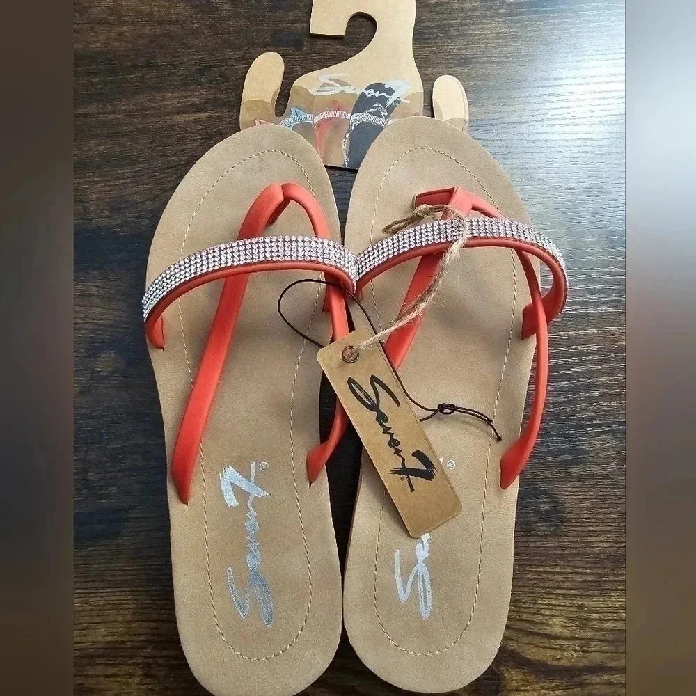 ORANGE BONDI CARAMEL FAUX LEATHER EMBELLISHED THONG SANDALS
